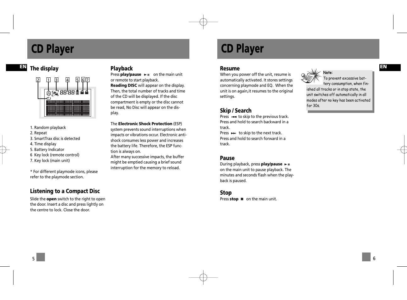 Cd player, Resume, Skip / search | Pause, Stop, The display, Listening to a compact disc, Playback | Technicolor - Thomson PDP2075 User Manual | Page 6 / 10