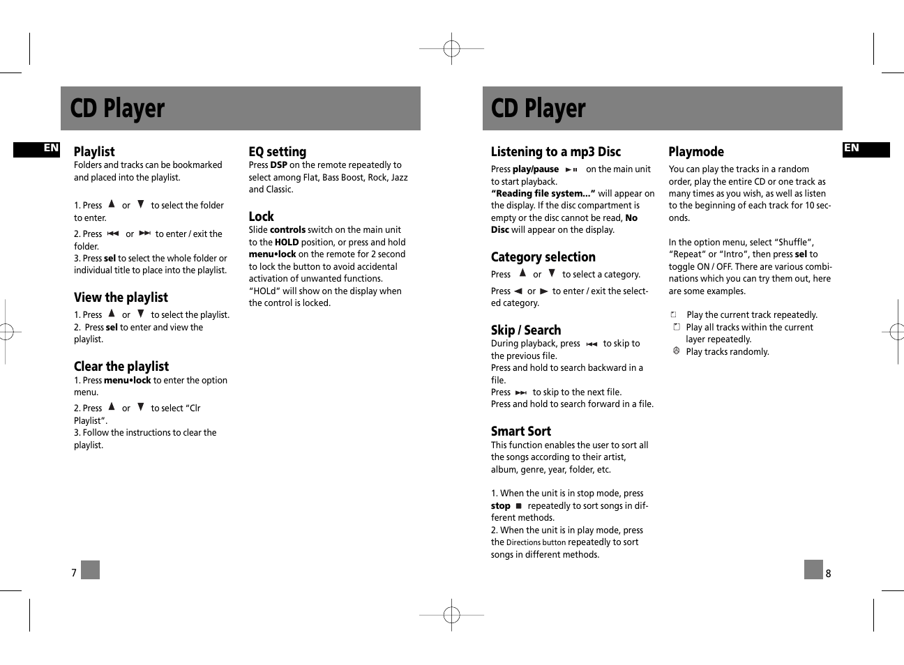 Cd player, Playlist, View the playlist | Clear the playlist, Eq setting, Lock, Listening to a mp3 disc, Category selection, Skip / search, Smart sort | Technicolor - Thomson PDP2075 User Manual | Page 7 / 10