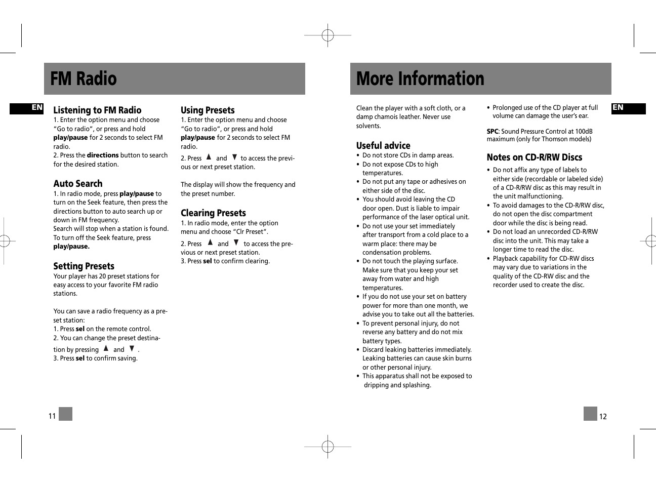 More information, Fm radio, Useful advice | Listening to fm radio, Auto search, Setting presets, Using presets, Clearing presets | Technicolor - Thomson PDP2075 User Manual | Page 9 / 10