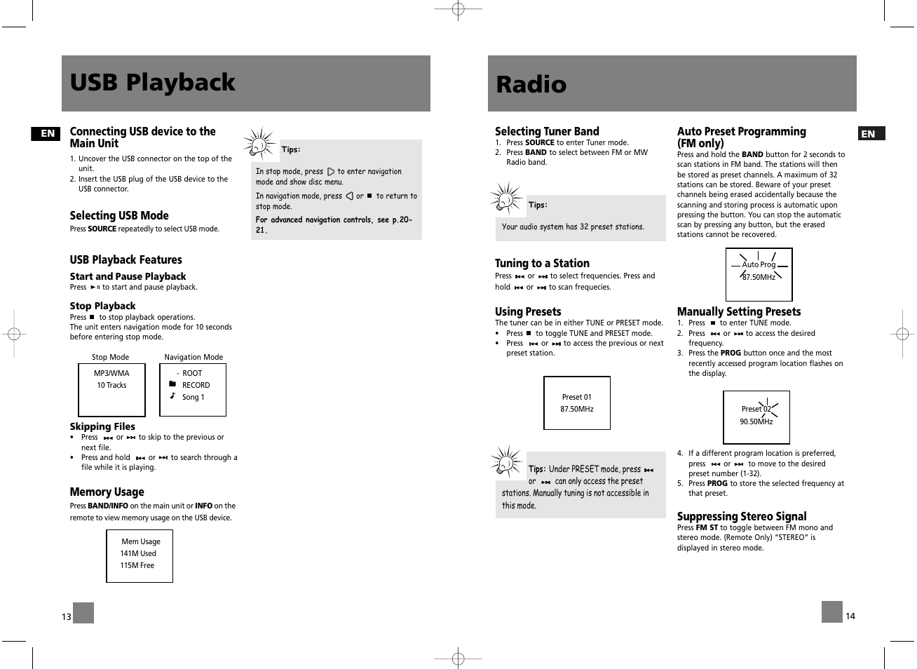 Usb playback, Radio | Technicolor - Thomson CS606 User Manual | Page 10 / 15