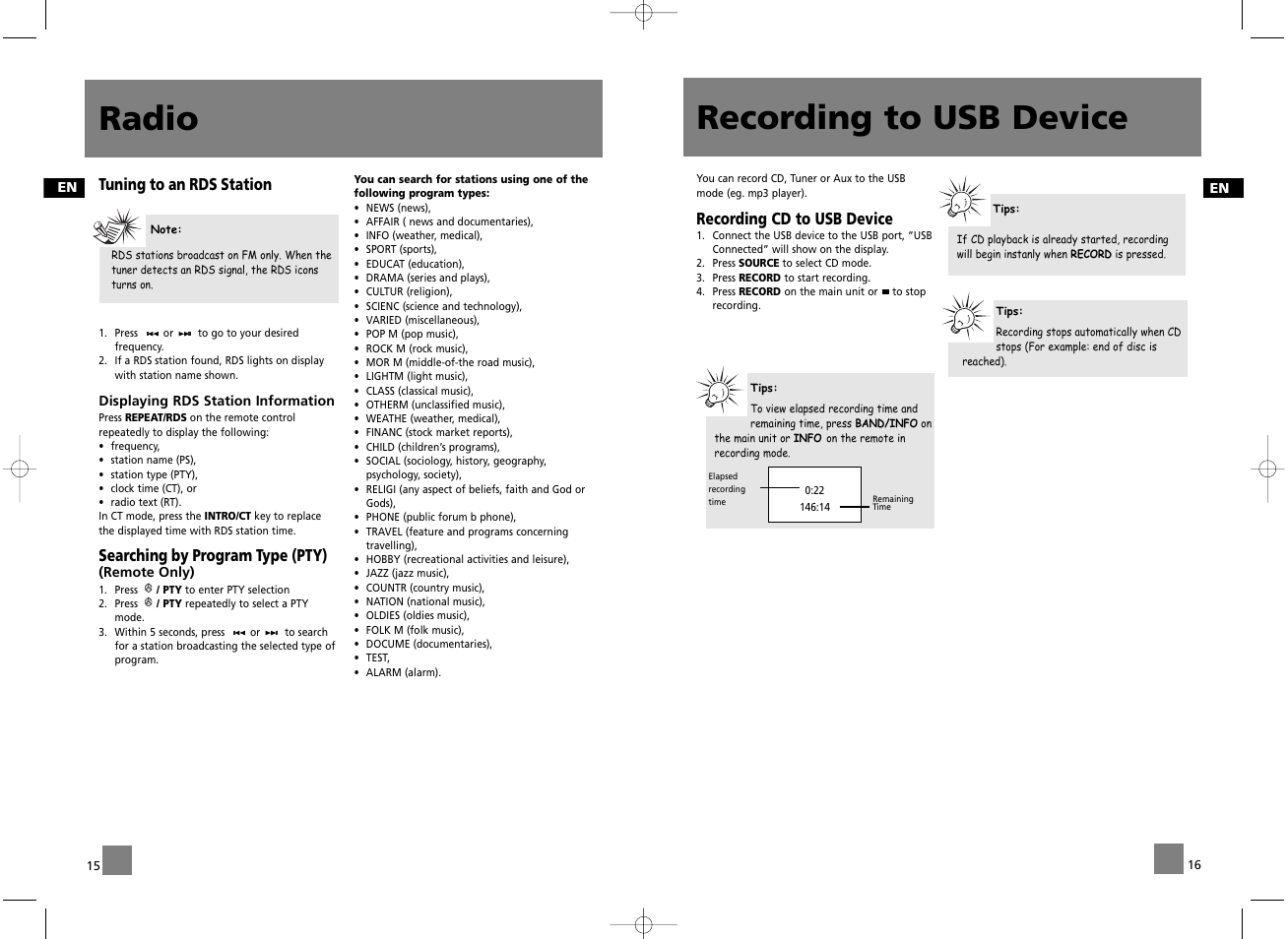 Recording to usb device, Radio | Technicolor - Thomson CS606 User Manual | Page 11 / 15