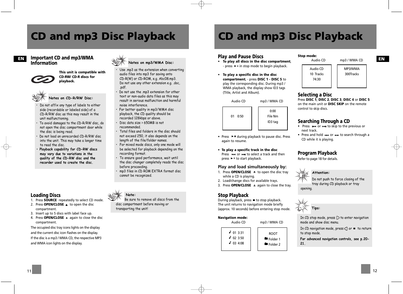 Cd and mp3 disc playback, Play and pause discs, Stop playback | Selecting a disc, Searching through a cd, Program playback, Important cd and mp3/wma information, Loading discs | Technicolor - Thomson CS606 User Manual | Page 9 / 15