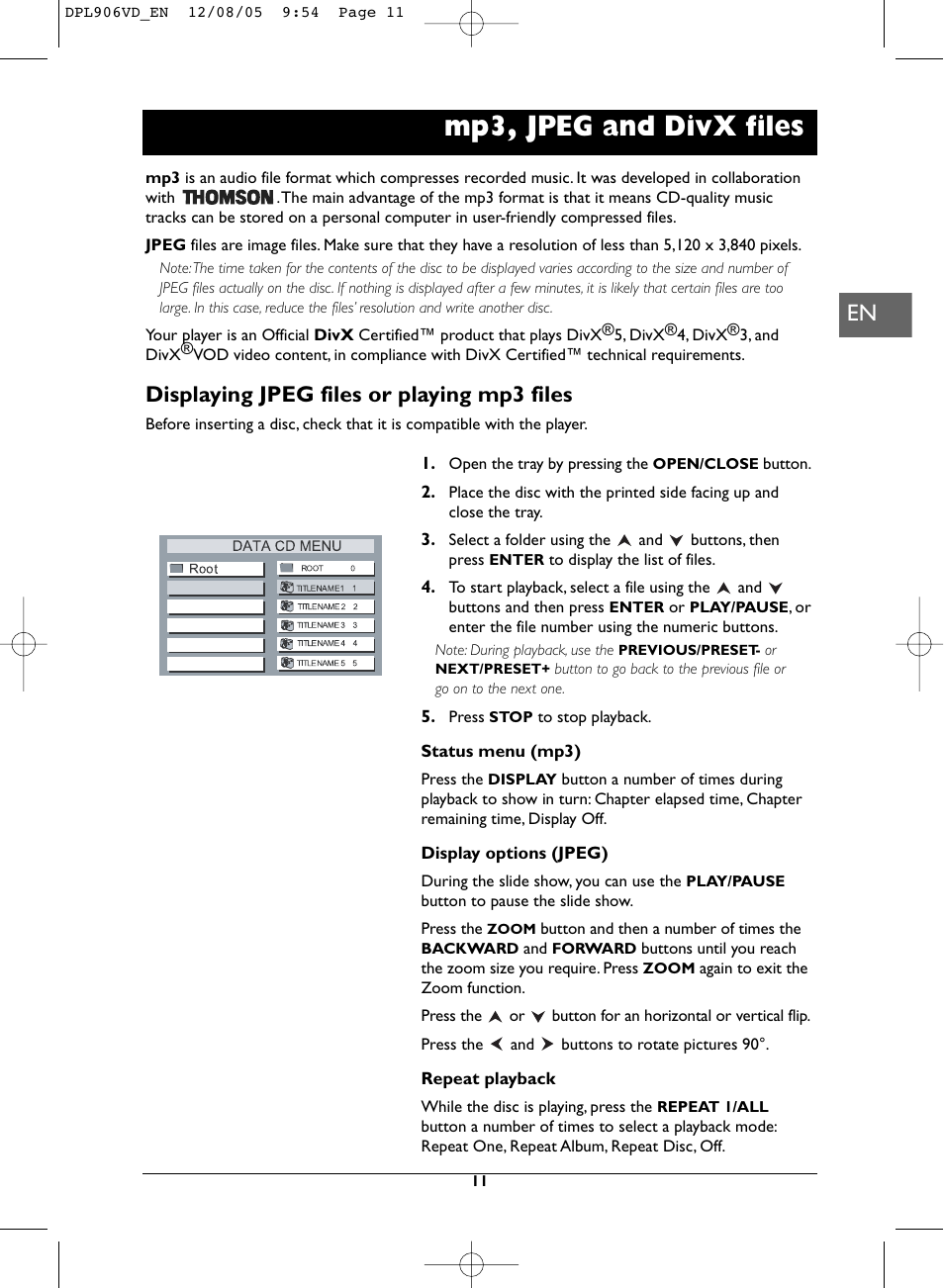Mp3, jpeg and divx files, Displaying jpeg files or playing mp3 files | Technicolor - Thomson DPL906VD_EN User Manual | Page 11 / 22