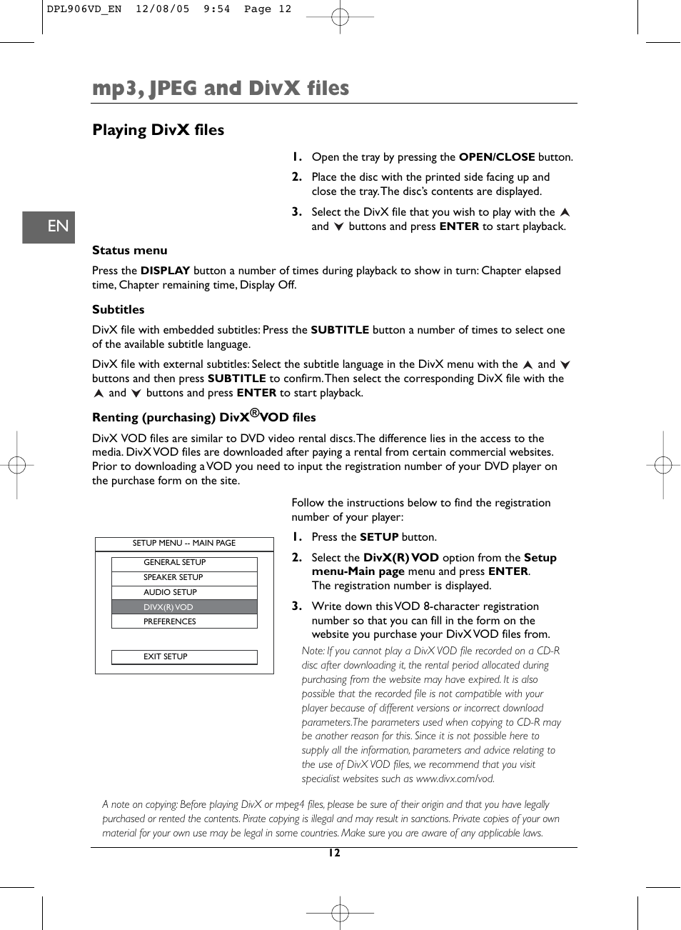 Mp3, jpeg and divx files, Playing divx files | Technicolor - Thomson DPL906VD_EN User Manual | Page 12 / 22