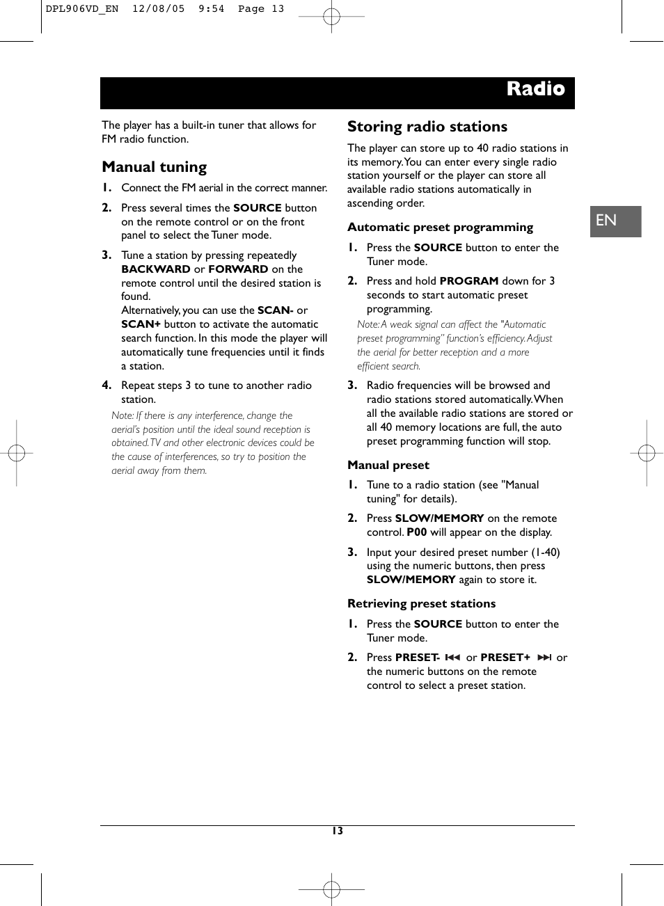 Radio, Manual tuning, Storing radio stations | Technicolor - Thomson DPL906VD_EN User Manual | Page 13 / 22