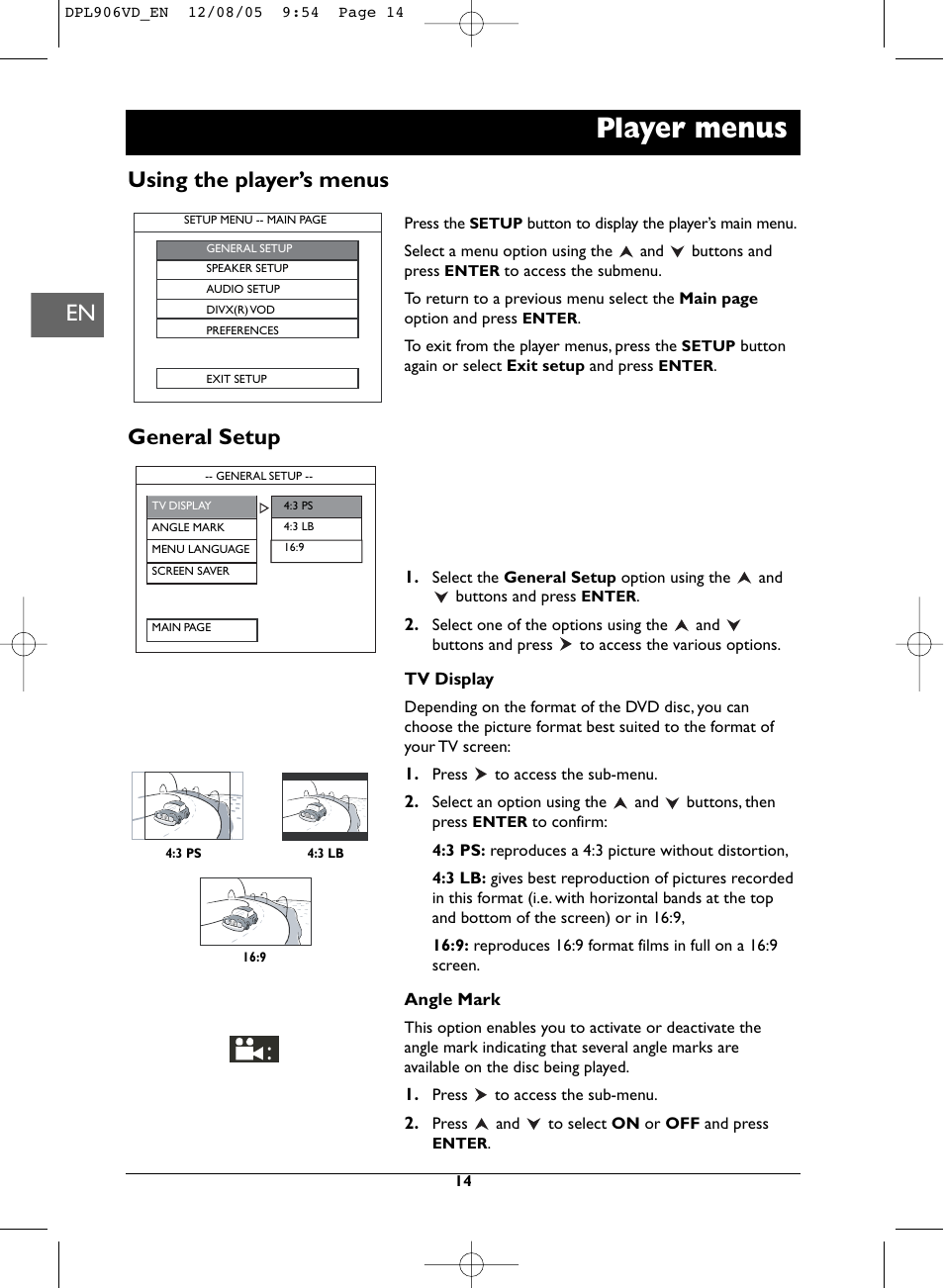 Player menus, Using the player’s menus general setup | Technicolor - Thomson DPL906VD_EN User Manual | Page 14 / 22