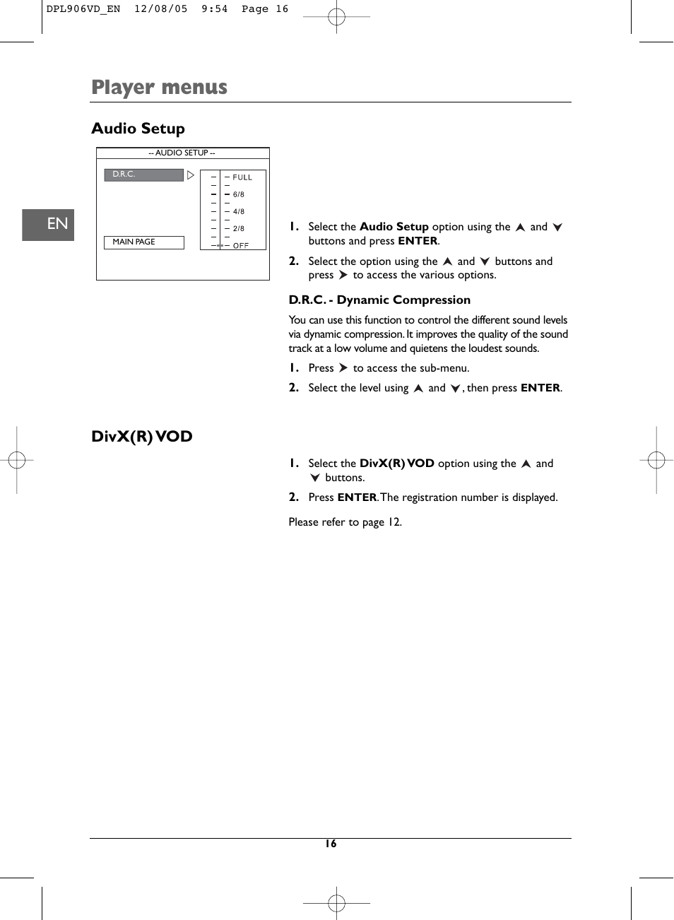 Player menus, Audio setup, Divx(r) vod | Technicolor - Thomson DPL906VD_EN User Manual | Page 16 / 22