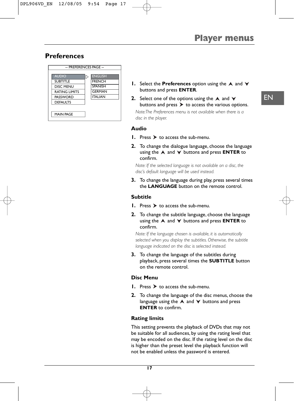 Player menus, Preferences | Technicolor - Thomson DPL906VD_EN User Manual | Page 17 / 22