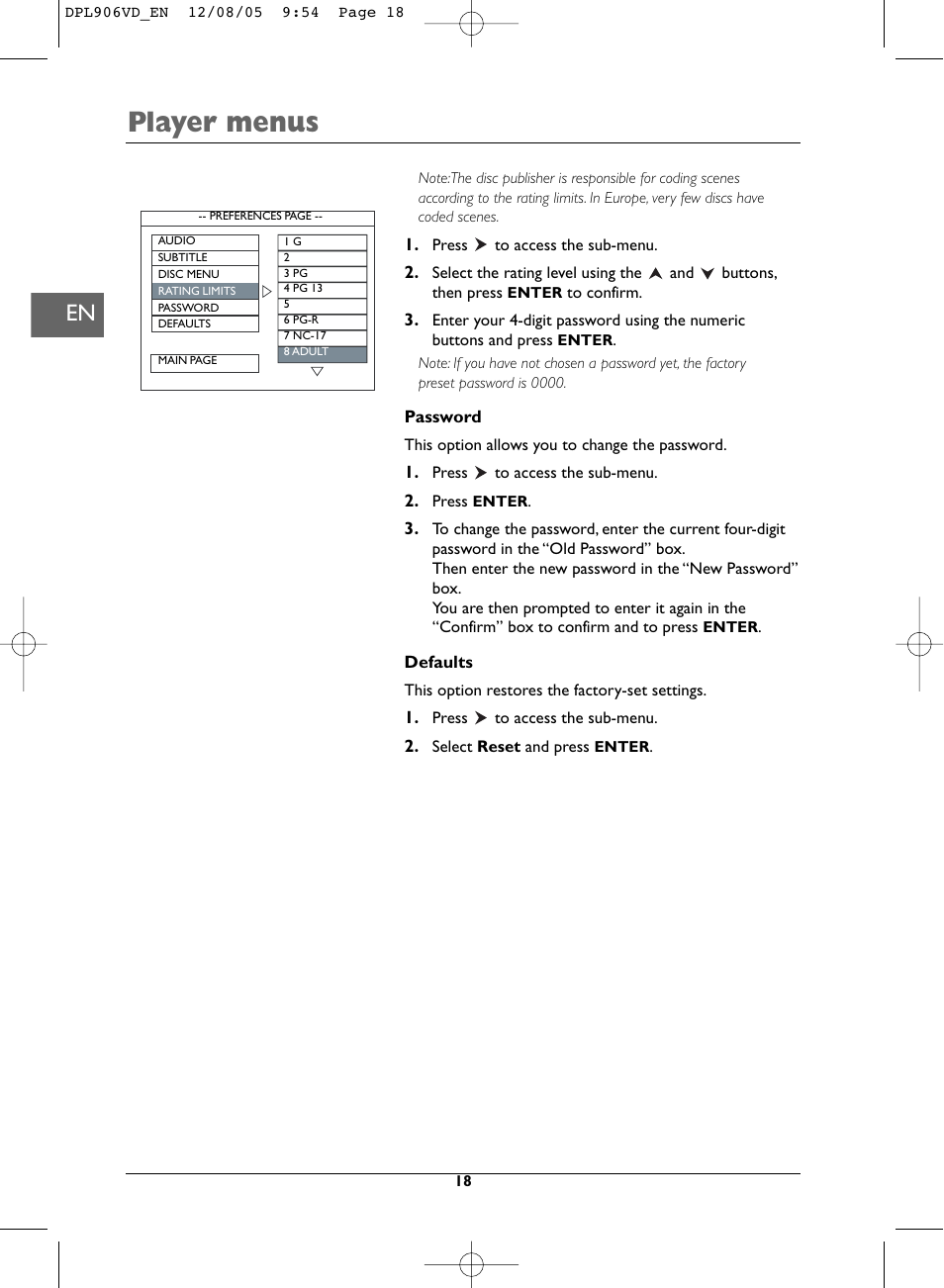 Player menus | Technicolor - Thomson DPL906VD_EN User Manual | Page 18 / 22