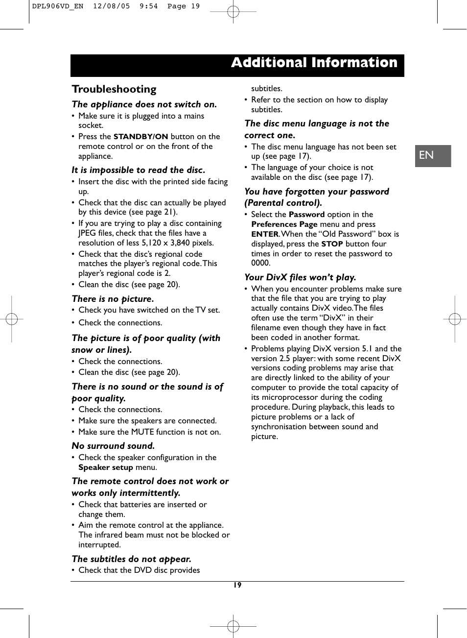 Additional information, Troubleshooting | Technicolor - Thomson DPL906VD_EN User Manual | Page 19 / 22