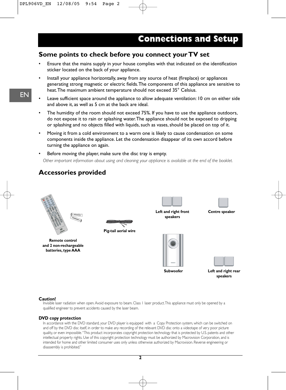 Connections and setup, Accessories provided | Technicolor - Thomson DPL906VD_EN User Manual | Page 2 / 22