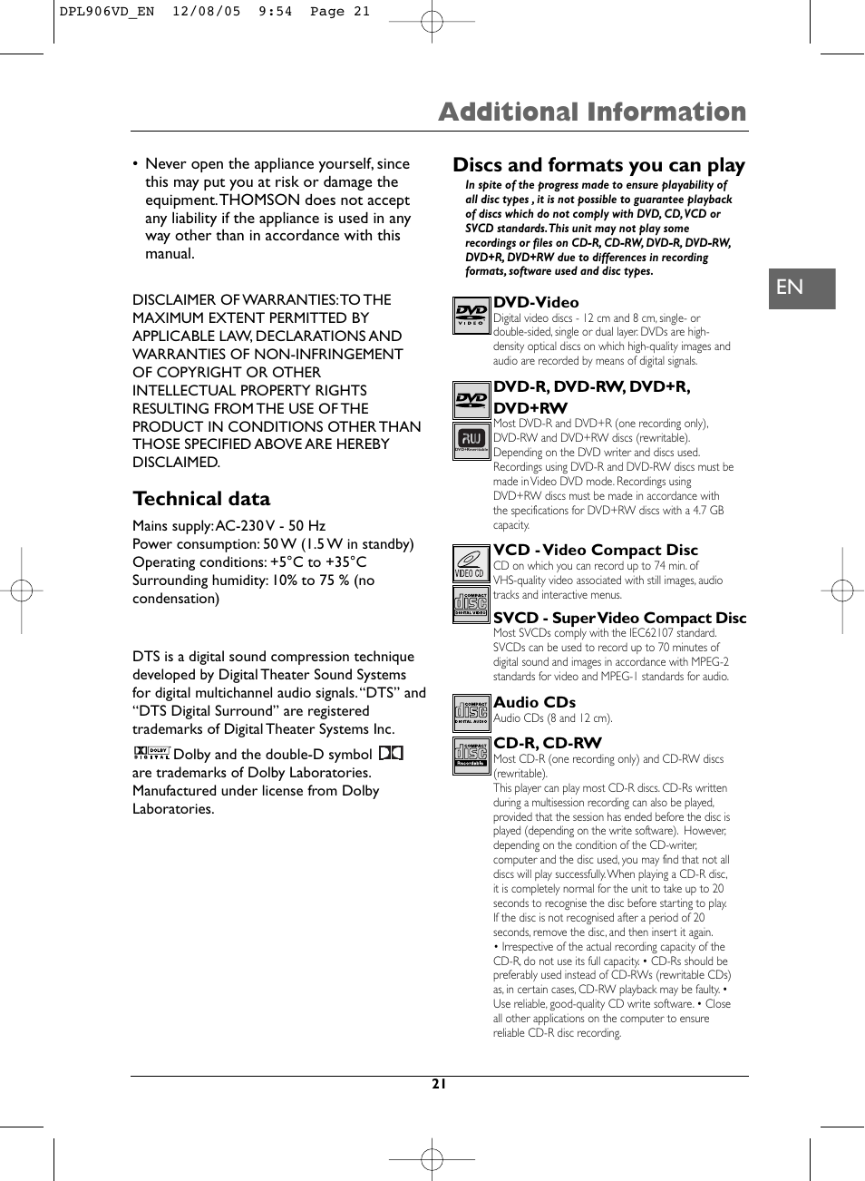 Additional information, Technical data, Discs and formats you can play | Technicolor - Thomson DPL906VD_EN User Manual | Page 21 / 22