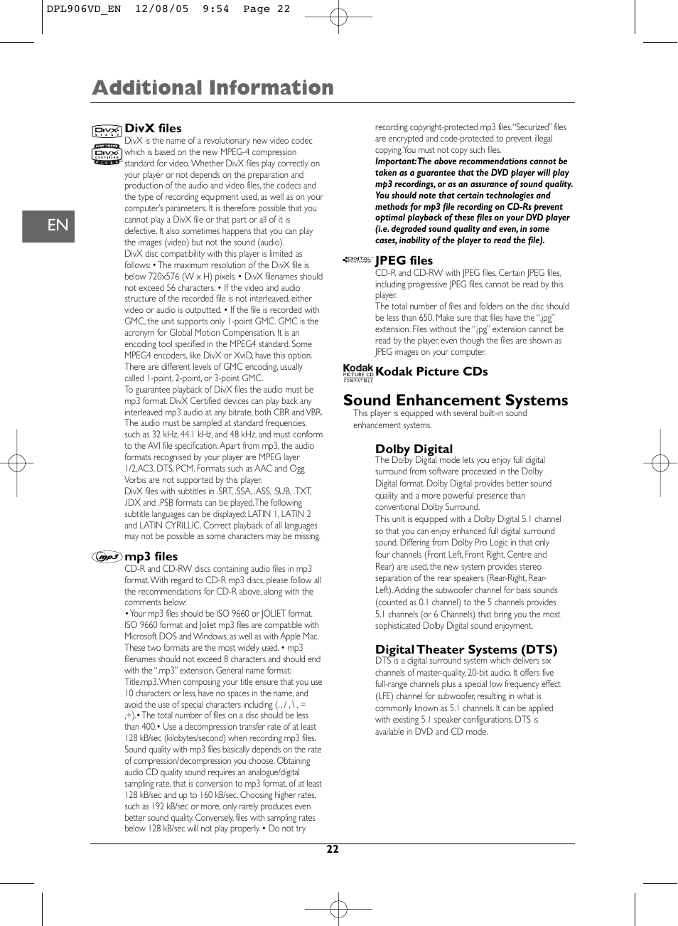 Additional information, Sound enhancement systems | Technicolor - Thomson DPL906VD_EN User Manual | Page 22 / 22