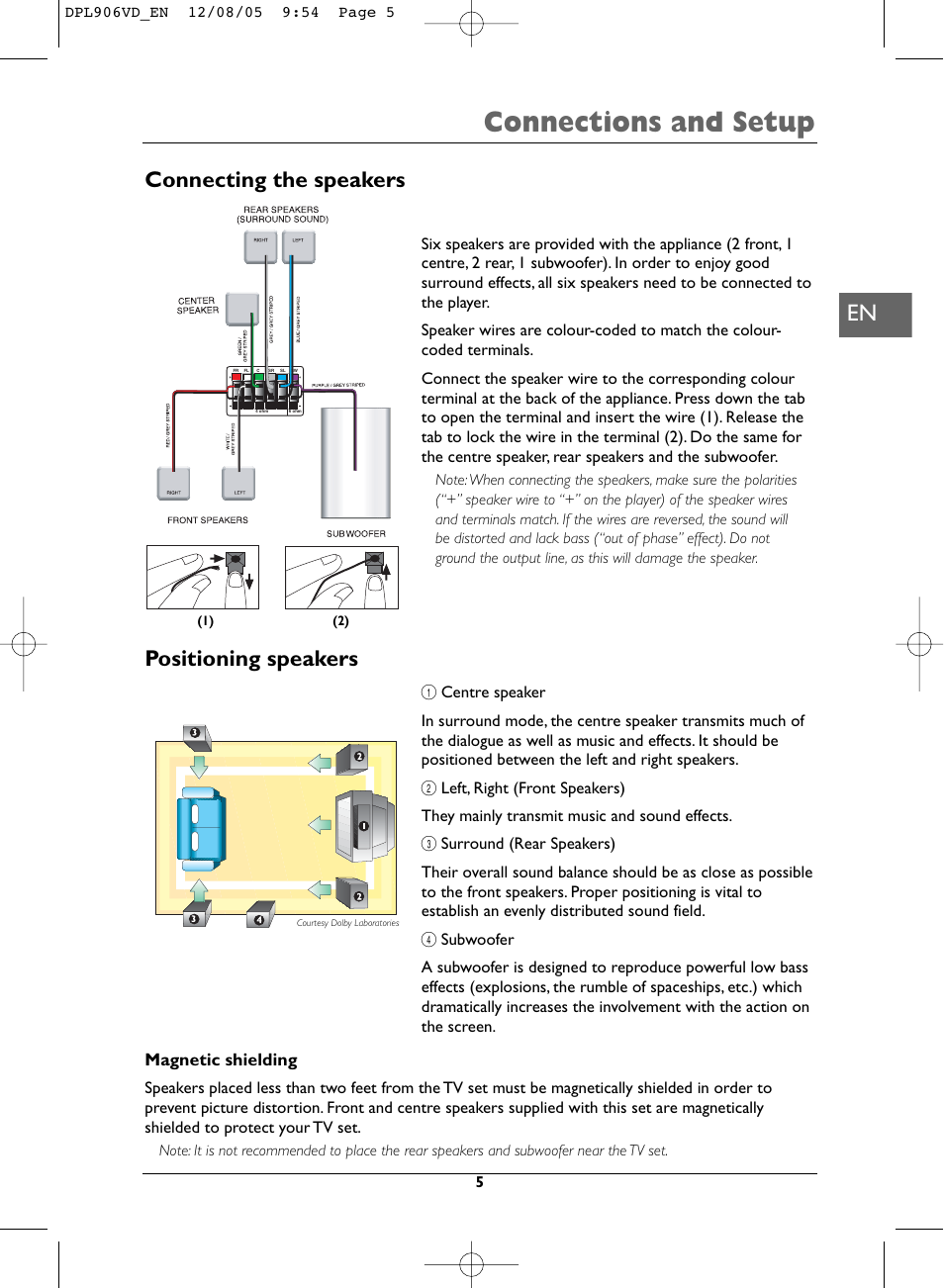 Connections and setup, Positioning speakers, Connecting the speakers | Magnetic shielding | Technicolor - Thomson DPL906VD_EN User Manual | Page 5 / 22