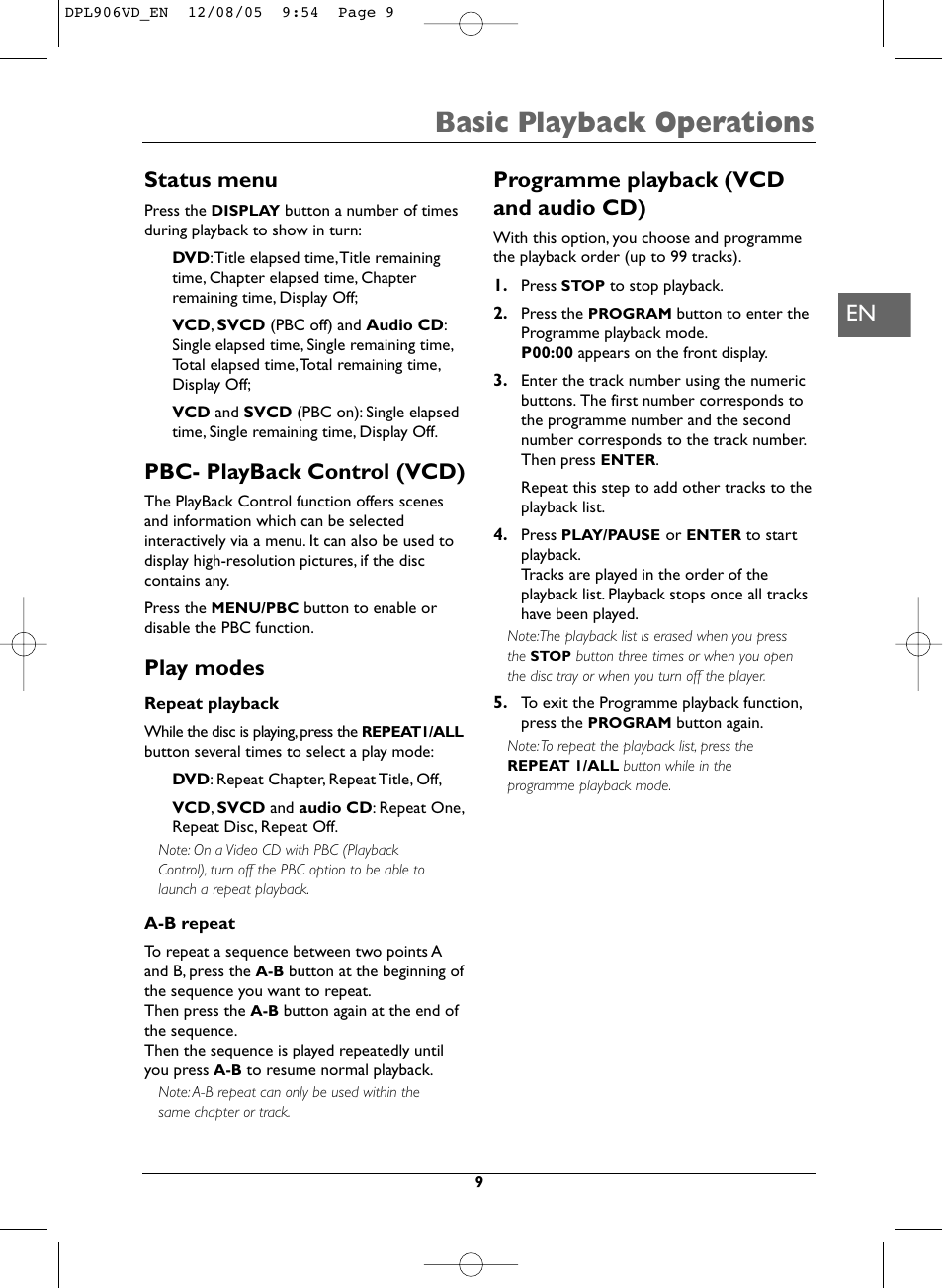 Basic playback operations, Status menu, Pbc- playback control (vcd) | Play modes, Programme playback (vcd and audio cd) | Technicolor - Thomson DPL906VD_EN User Manual | Page 9 / 22