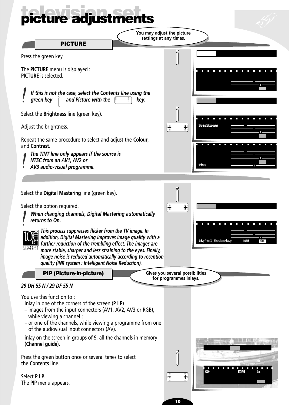 Picture adjustements, Picture, Digital mastering | Pip (picture in picture), Television set, Picture adjustments | Technicolor - Thomson 29df55n User Manual | Page 10 / 30