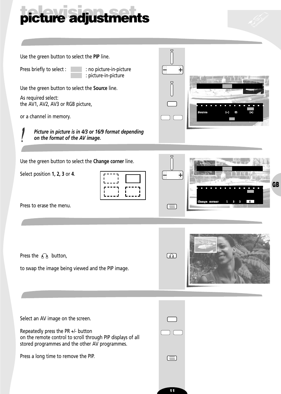 Image inlay (pip), Inlaid image position, Picture swap | Scanning all inlaid image programmes, Television set, Picture adjustments, Image inlay (pip) inlaid image position, Picture swap scanning all inlaid image programmes | Technicolor - Thomson 29df55n User Manual | Page 11 / 30