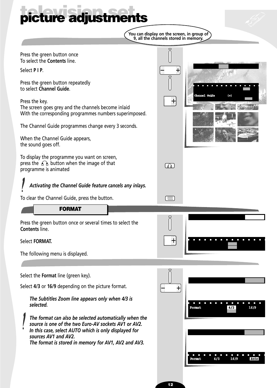 Mosaic, Format, Television set | Picture adjustments | Technicolor - Thomson 29df55n User Manual | Page 12 / 30