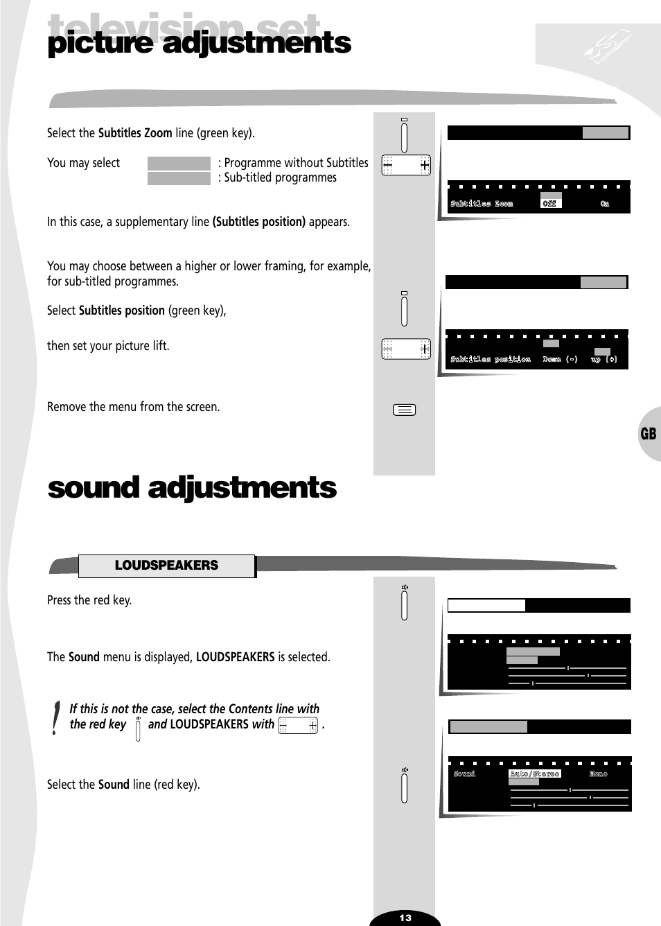 Subtitles zoom, Sound adjustements, Loudspeakers | Television set, Picture adjustments, Sound adjustments | Technicolor - Thomson 29df55n User Manual | Page 13 / 30