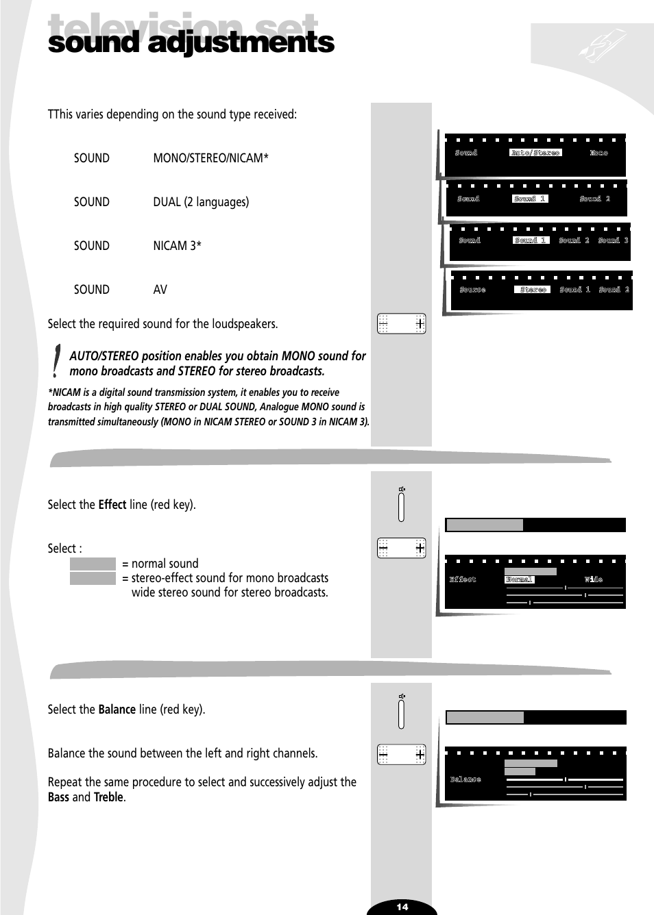 Effect, Balance, Television set | Sound adjustments | Technicolor - Thomson 29df55n User Manual | Page 14 / 30