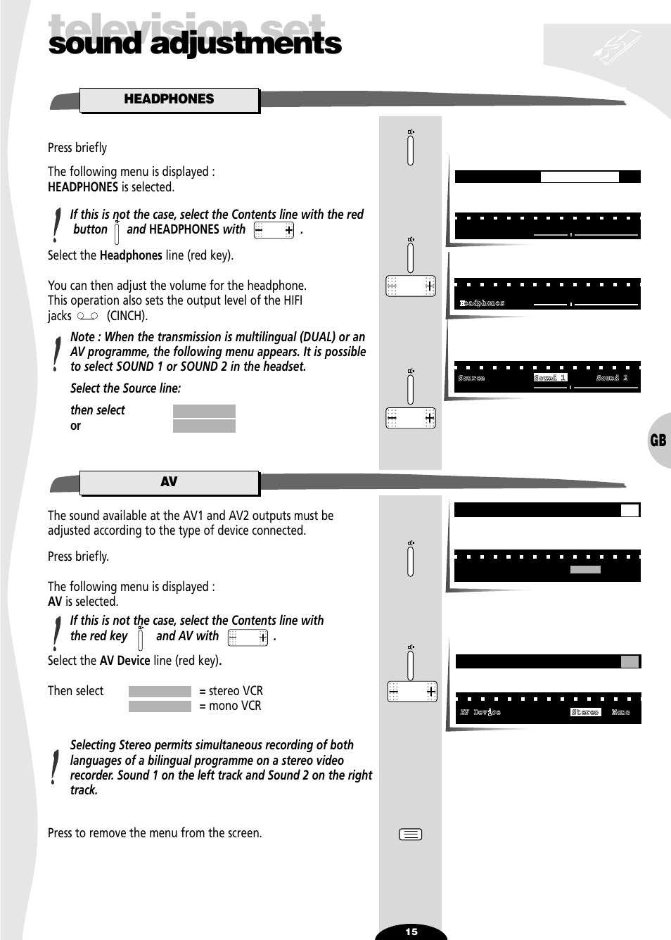 Headphones, Television set, Sound adjustments | Technicolor - Thomson 29df55n User Manual | Page 15 / 30