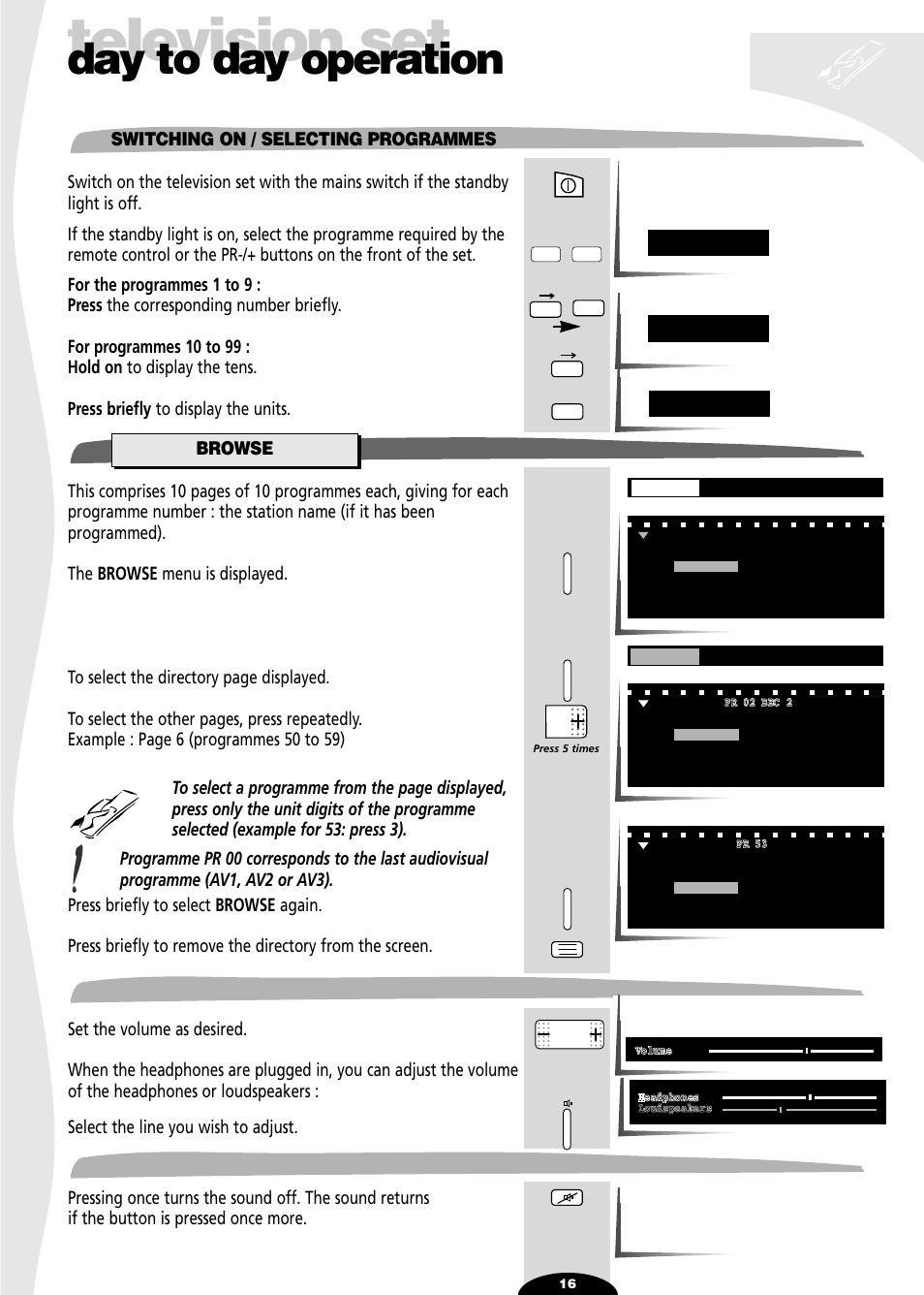 Day to day operation, Switching on / selecting programmes, Browse | Volume, Sound mute, Television set | Technicolor - Thomson 29df55n User Manual | Page 16 / 30