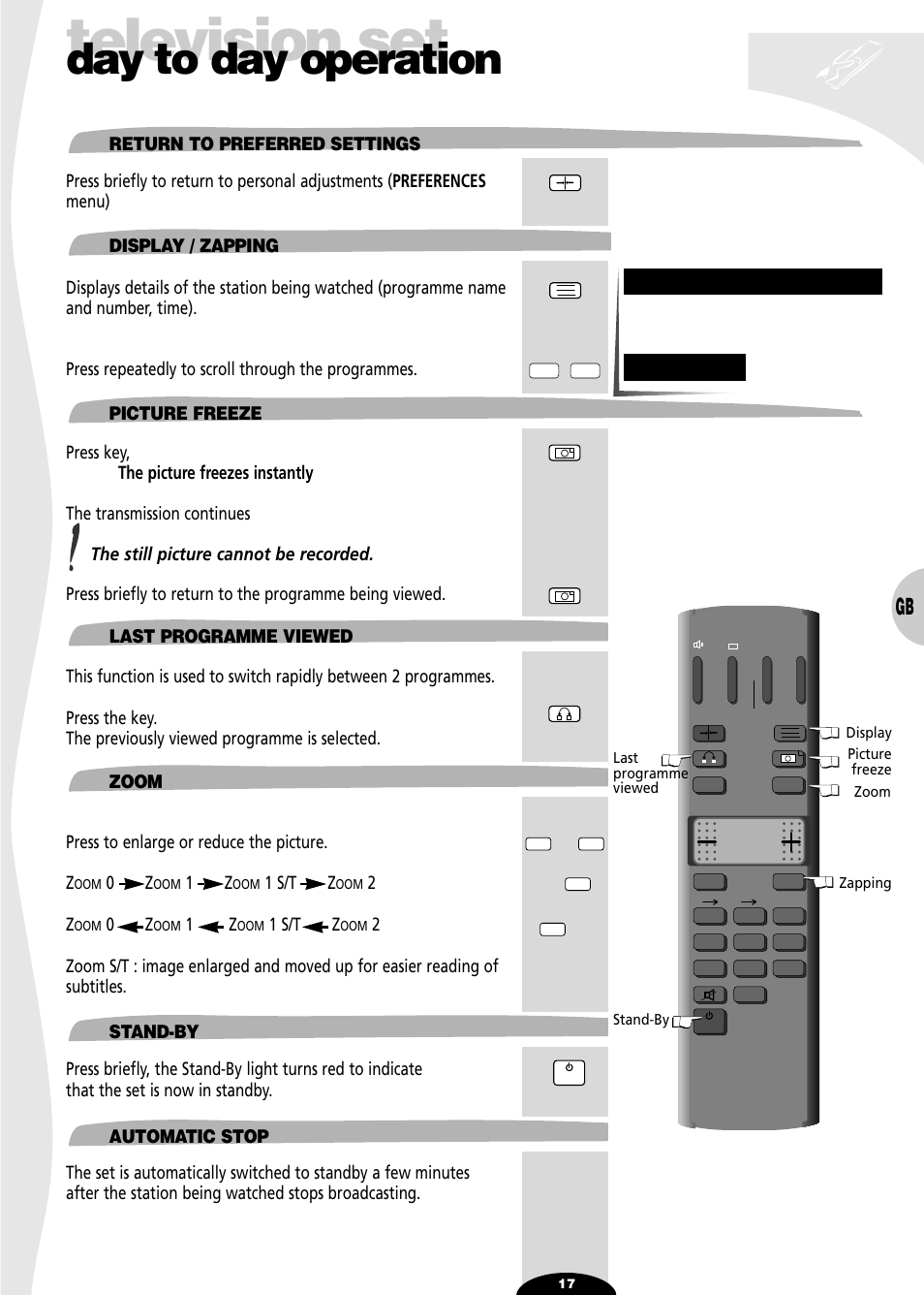 Return to preferred settings, Display / zapping, Picture freeze | Last programme viewed, Zoom, Stand-by, Automatic stop, Television set, Day to day operation | Technicolor - Thomson 29df55n User Manual | Page 17 / 30