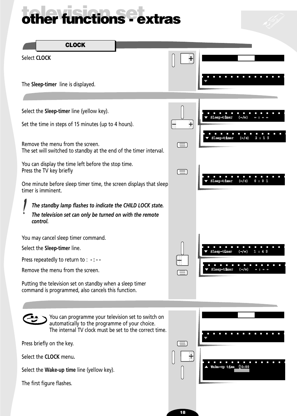 Other functions - extras, Clock, Sleep-timer | Clock (automatic on), Television set | Technicolor - Thomson 29df55n User Manual | Page 18 / 30