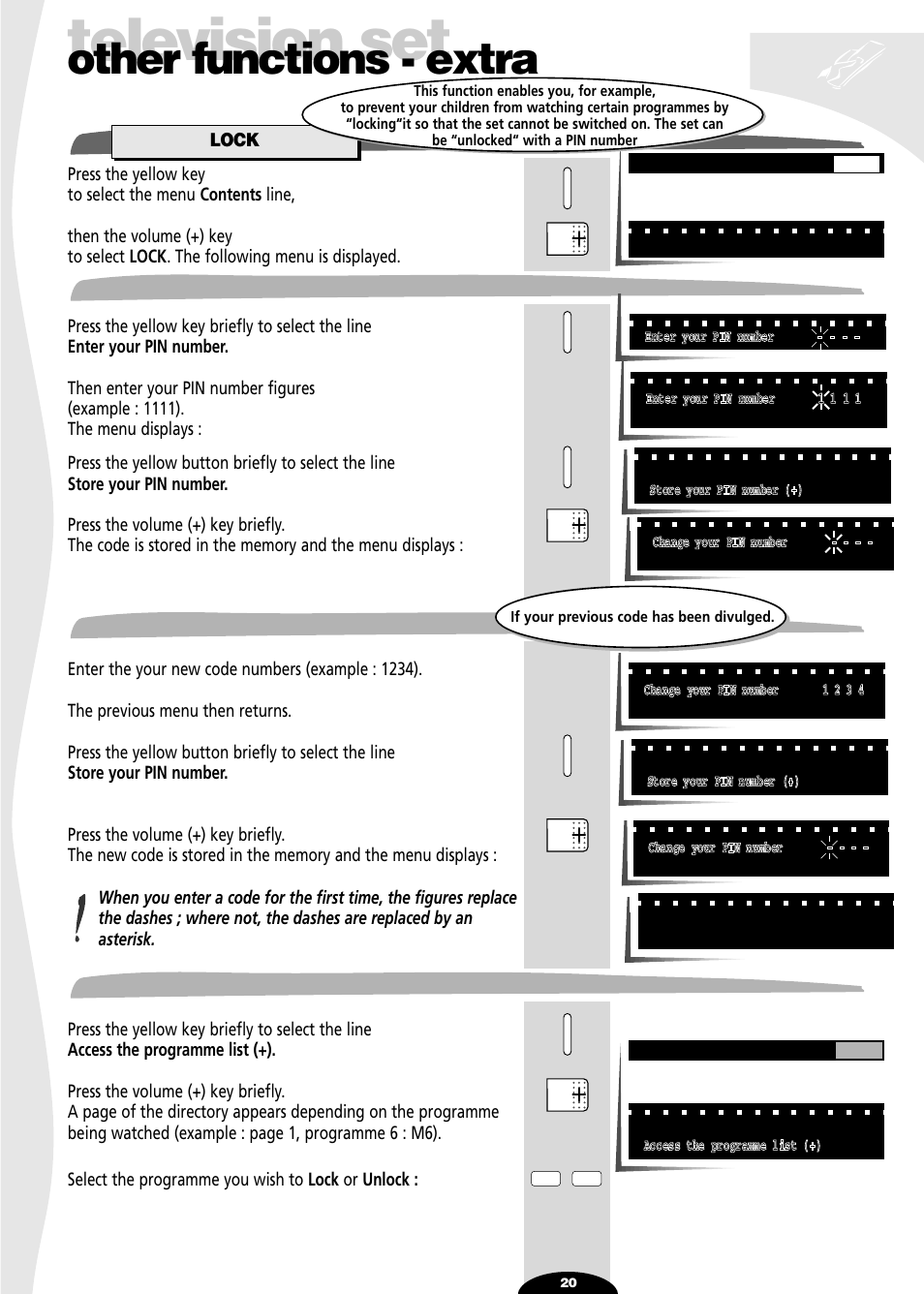 Lock, Enter your pin number, Change you pin number | Access the programme list, Television set, Other functions - extra, Change you pin number access the programme list | Technicolor - Thomson 29df55n User Manual | Page 20 / 30