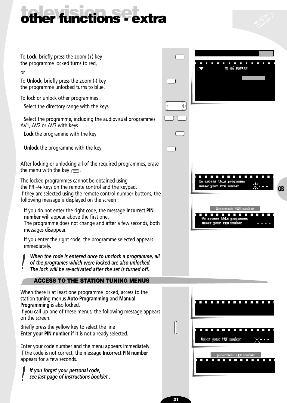 Access to the station tuning menus, Television set, Other functions - extra | Technicolor - Thomson 29df55n User Manual | Page 21 / 30
