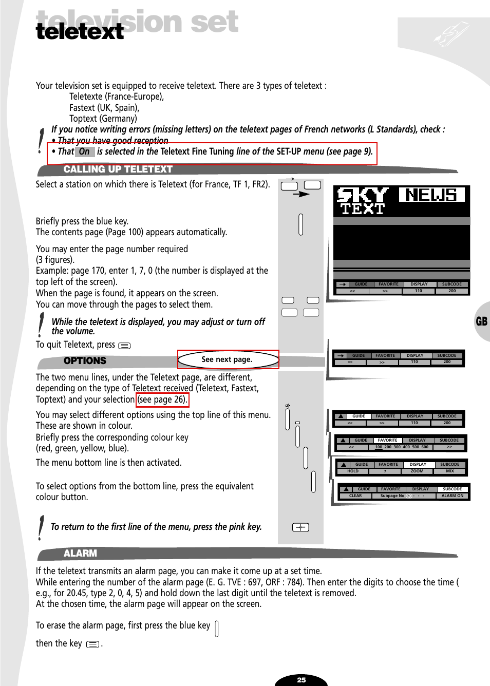 Teletext, Calling up teletext, Options | Alarm, Television set, Options alarm | Technicolor - Thomson 29df55n User Manual | Page 25 / 30