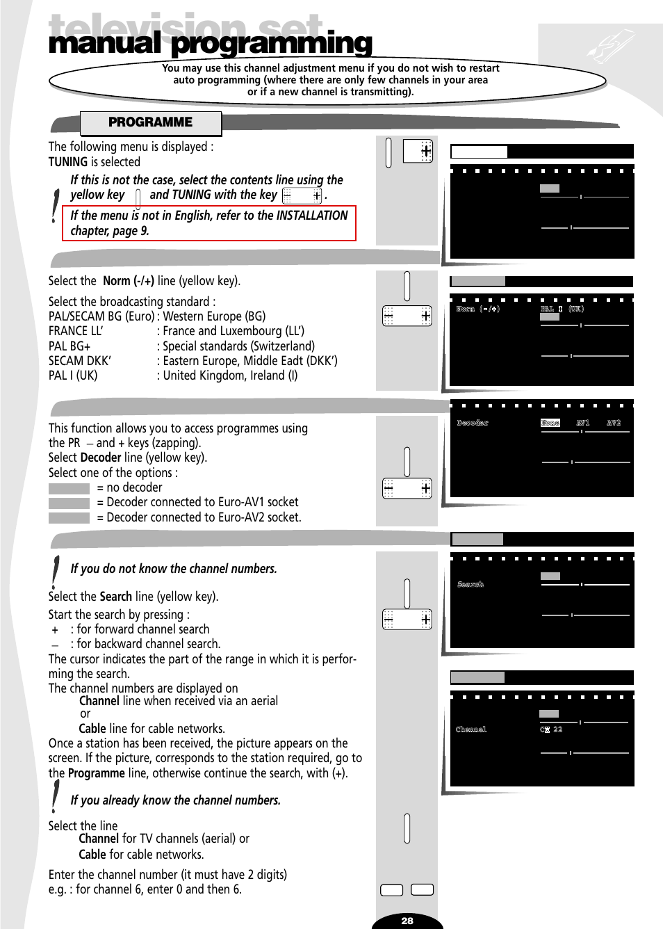 Manual programming, Programme, Norm | Decoder, Channel/cable, Television set, Norm channel/cable | Technicolor - Thomson 29df55n User Manual | Page 28 / 30