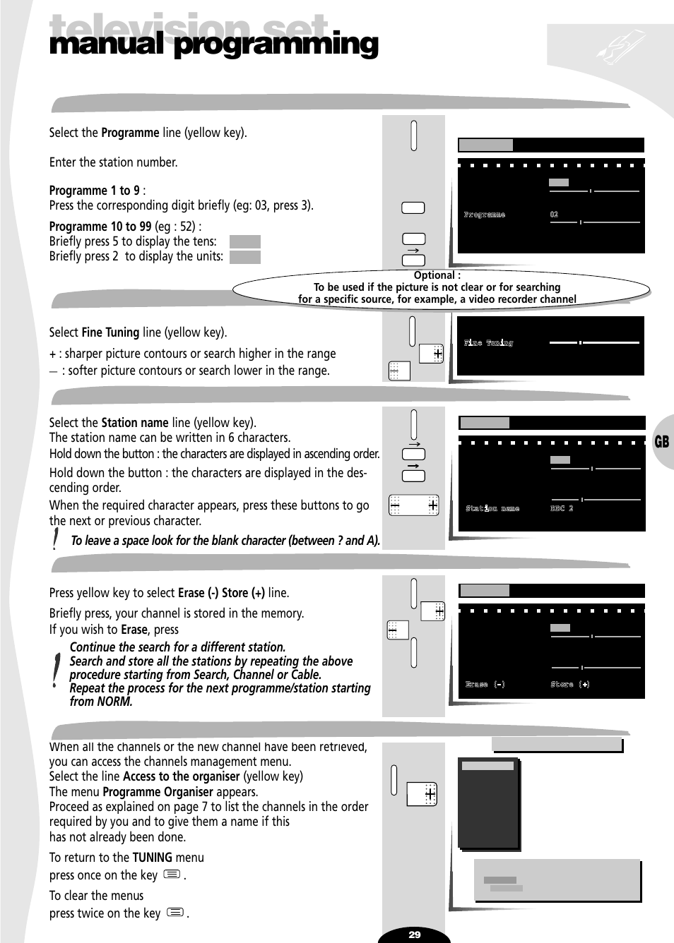 Programme, Fine tuning, Station name | Erase / store, Access to the organiser, Television set, Manual programming | Technicolor - Thomson 29df55n User Manual | Page 29 / 30