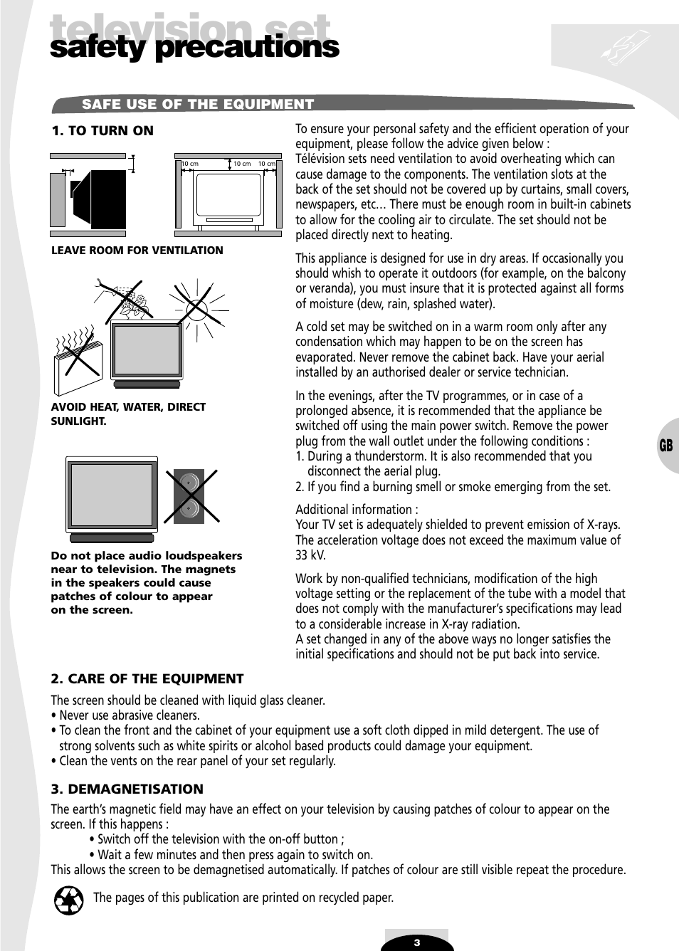 Safety precautions, Television set | Technicolor - Thomson 29df55n User Manual | Page 3 / 30