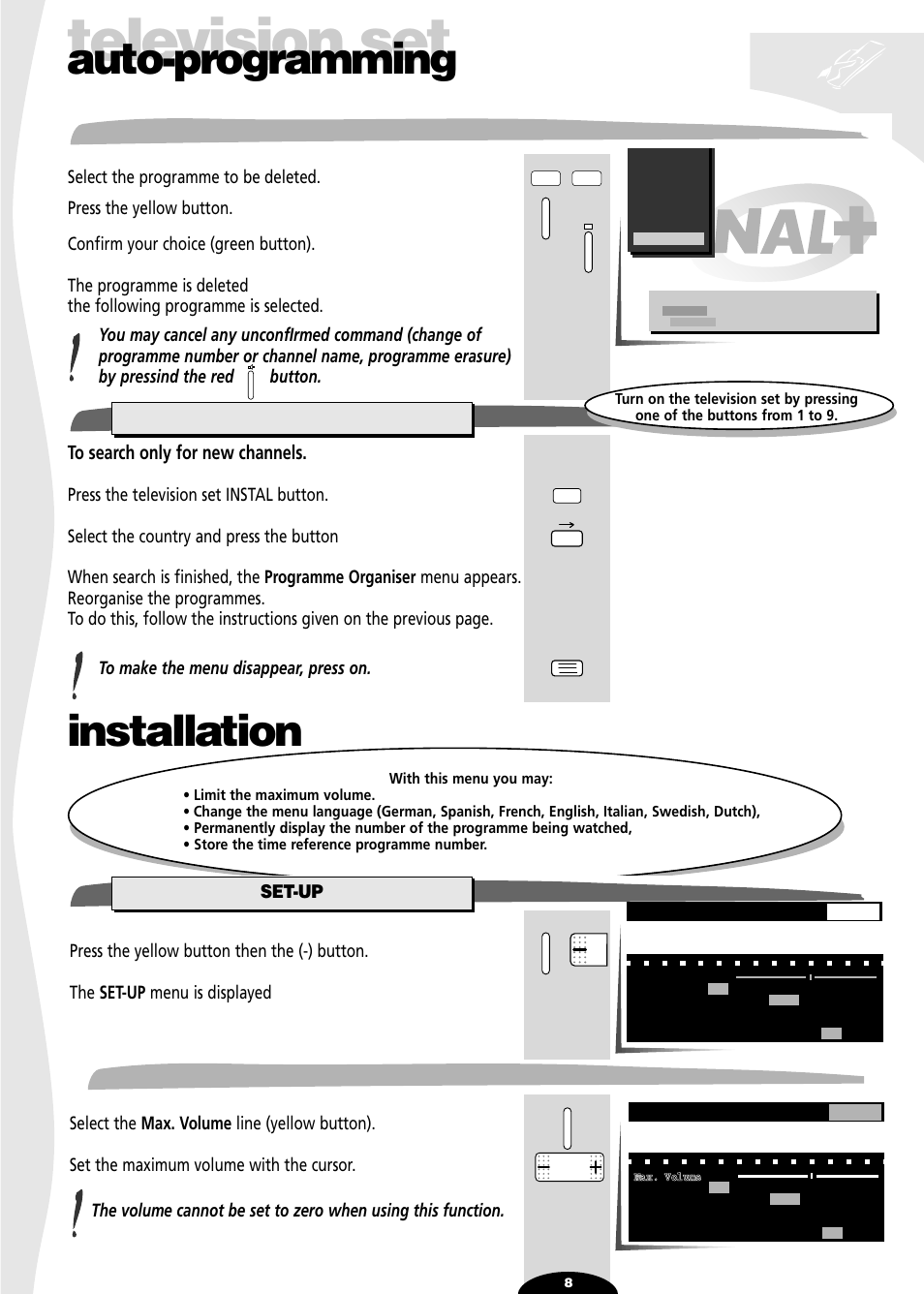 To delete a programme, New channels, Installation | Set-up, Maximum volume limitation, Television set, Auto-programming | Technicolor - Thomson 29df55n User Manual | Page 8 / 30