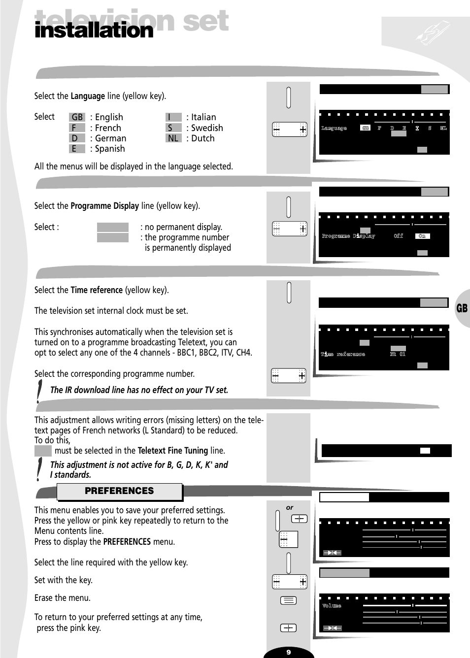 Menu language, Programme number display, Time reference | Teletext fine tuning, Preferences, Television set, Installation | Technicolor - Thomson 29df55n User Manual | Page 9 / 30