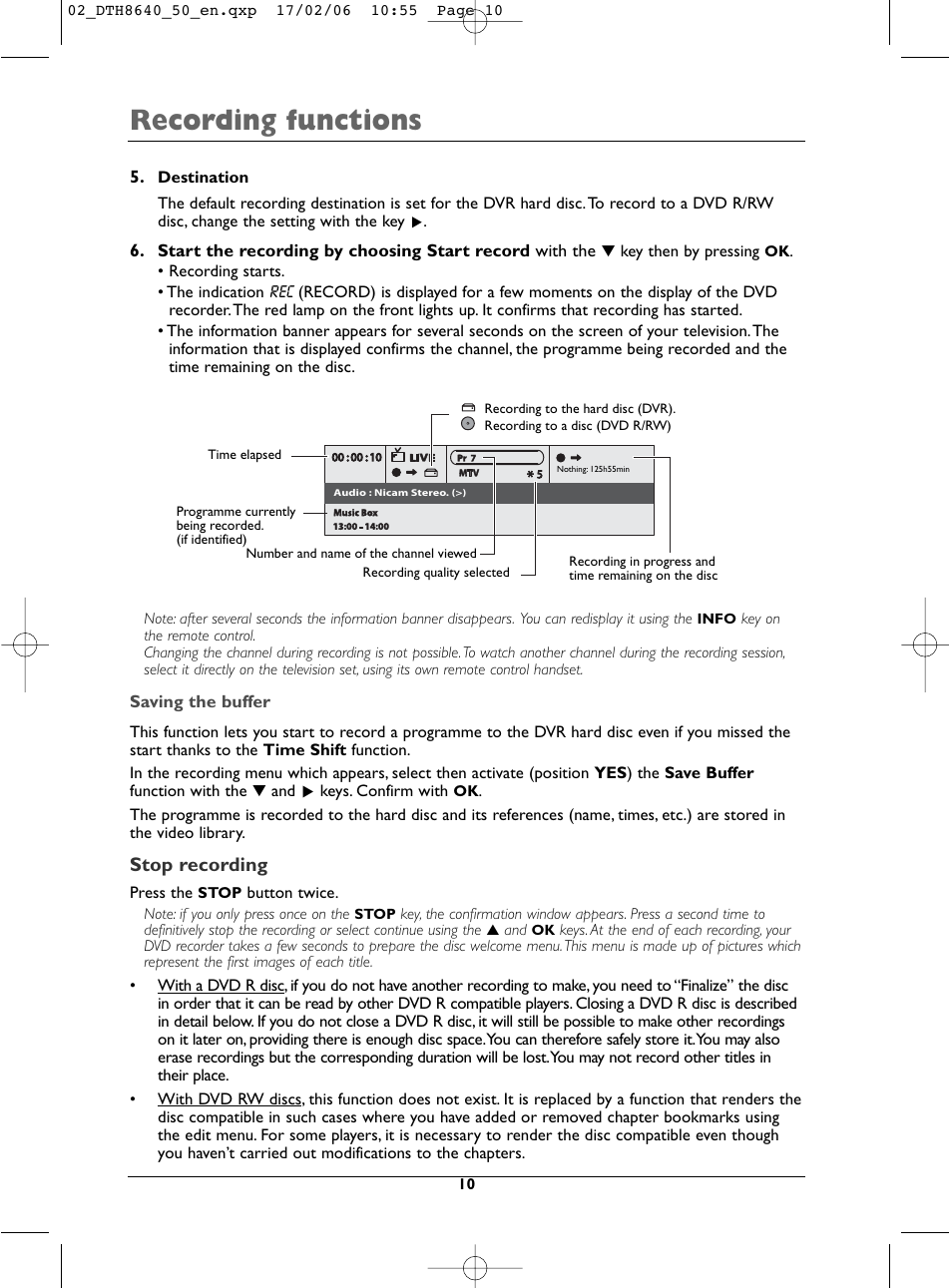 Recording functions, Stop recording, Saving the buffer | Technicolor - Thomson DTH8640 User Manual | Page 10 / 40