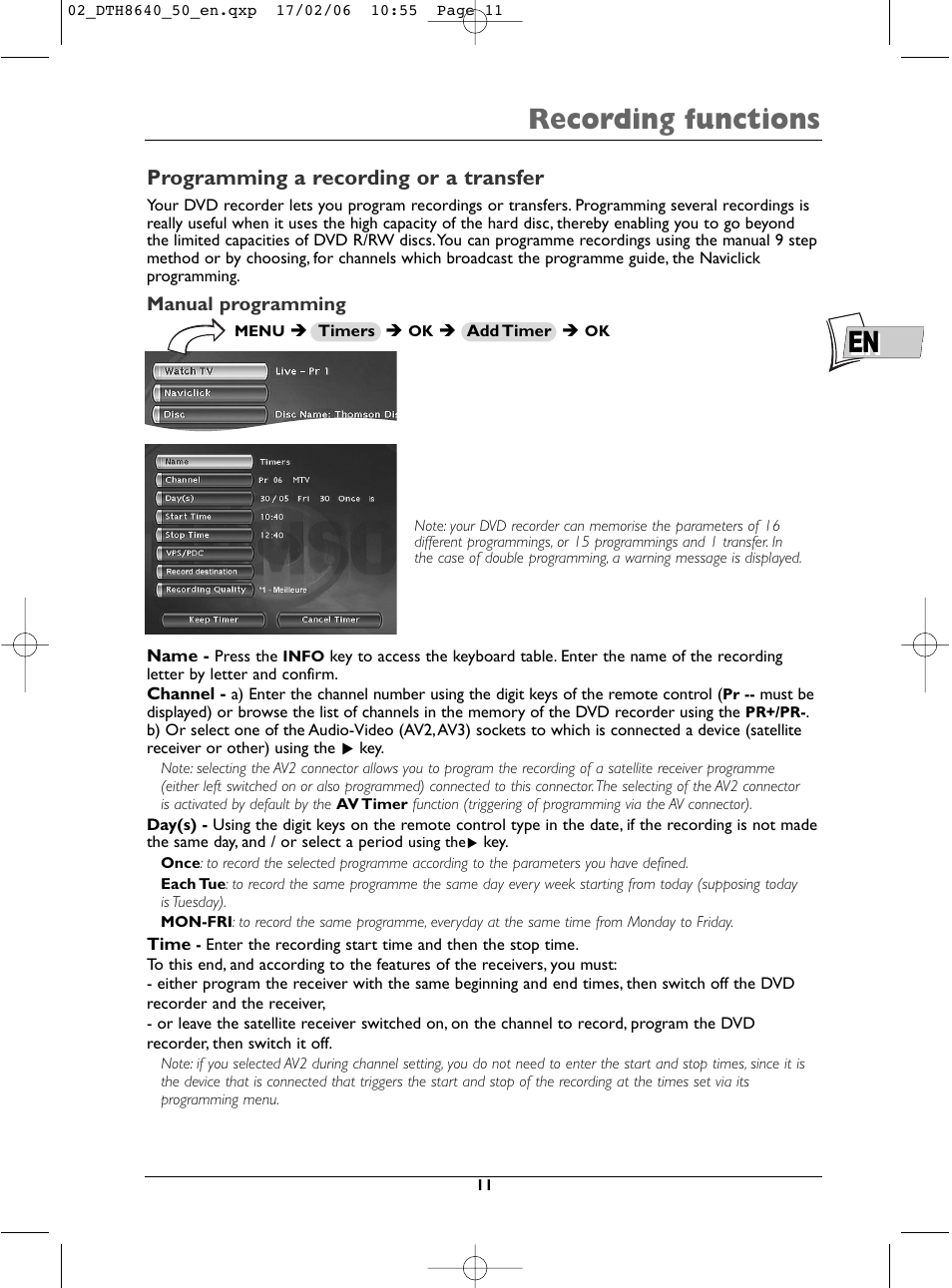 Recording functions, Programming a recording or a transfer | Technicolor - Thomson DTH8640 User Manual | Page 11 / 40