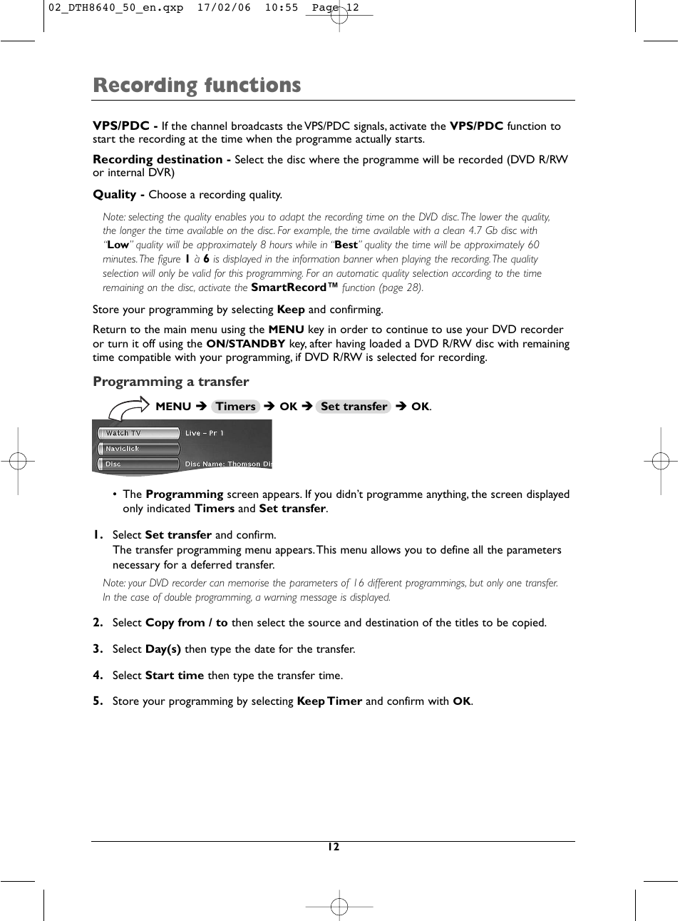 Recording functions | Technicolor - Thomson DTH8640 User Manual | Page 12 / 40