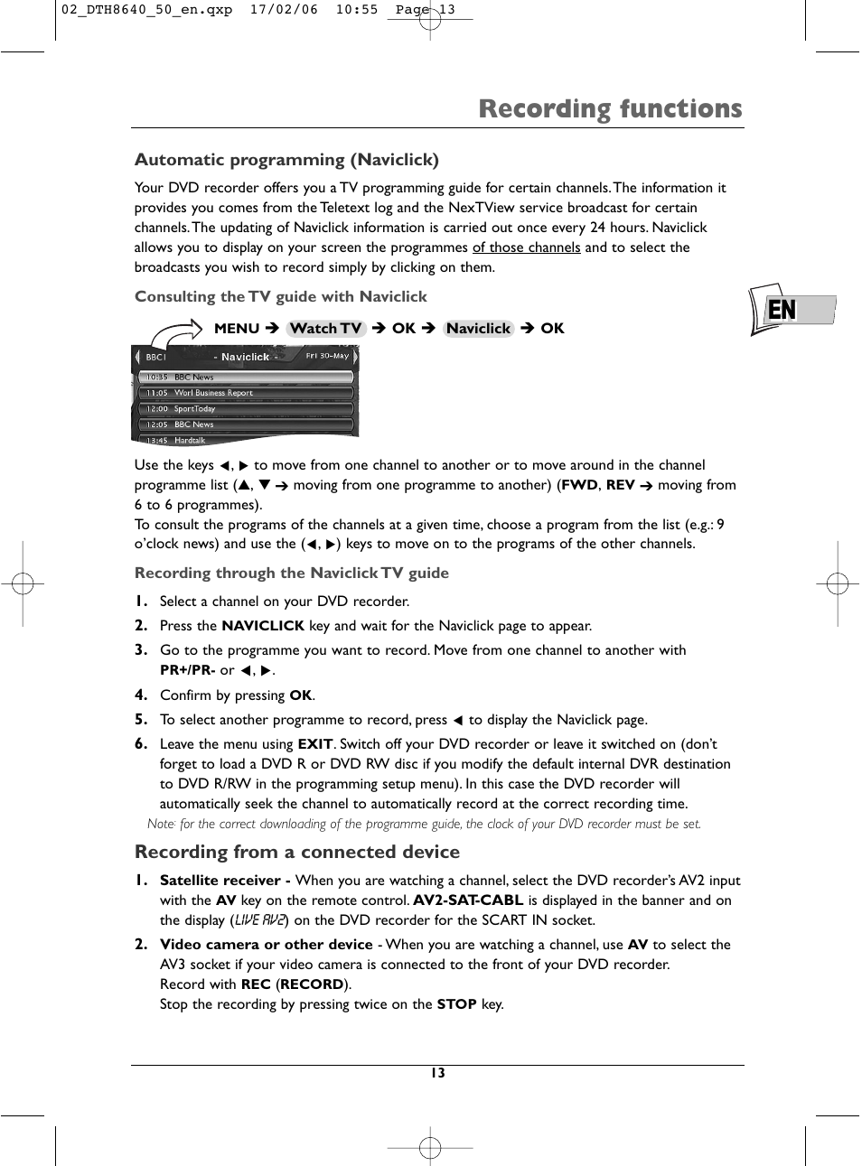 Recording functions, Recording from a connected device | Technicolor - Thomson DTH8640 User Manual | Page 13 / 40