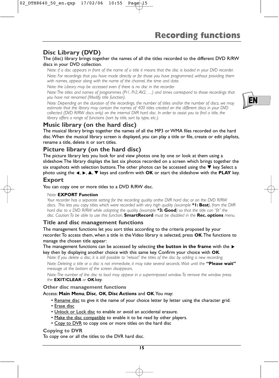 En recording functions, Disc library (dvd), Music library (on the hard disc) | Picture library (on the hard disc), Export | Technicolor - Thomson DTH8640 User Manual | Page 15 / 40