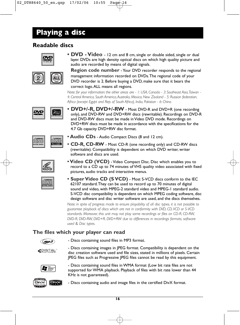 Playing a disc, Readable discs, Dvd - video | Dvd+/-r, dvd+/-rw, The files which your player can read | Technicolor - Thomson DTH8640 User Manual | Page 16 / 40