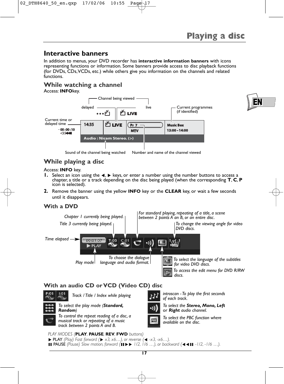 En playing a disc, Interactive banners, While watching a channel | While playing a disc, With a dvd, With an audio cd or vcd (video cd) disc | Technicolor - Thomson DTH8640 User Manual | Page 17 / 40