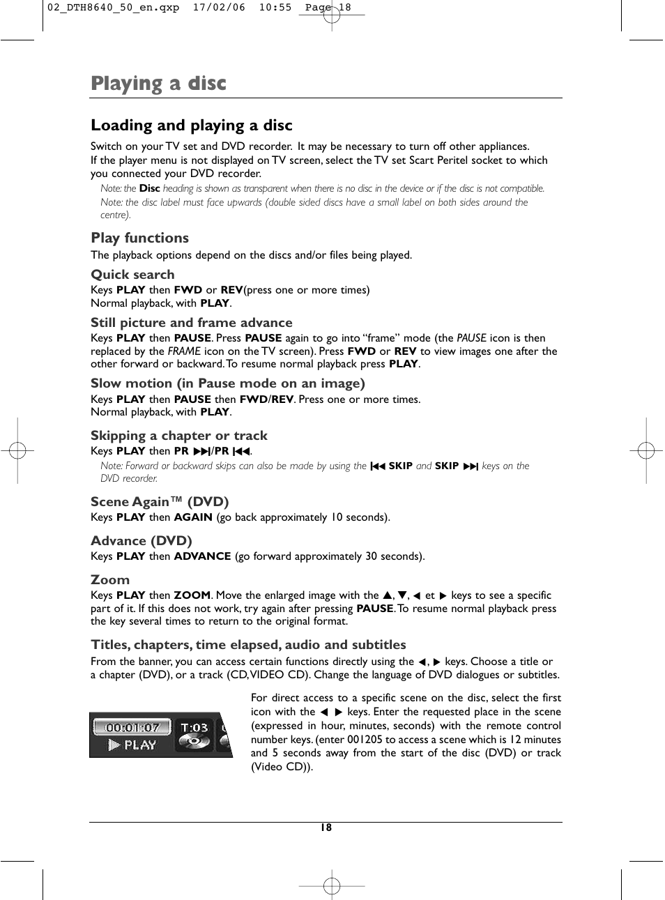 Playing a disc, Loading and playing a disc, Play functions | Technicolor - Thomson DTH8640 User Manual | Page 18 / 40
