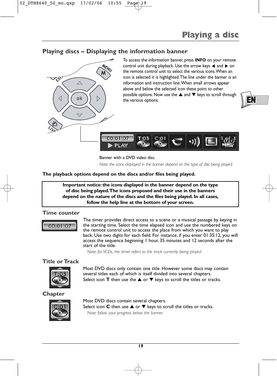 En playing a disc, Playing discs – displaying the information banner | Technicolor - Thomson DTH8640 User Manual | Page 19 / 40