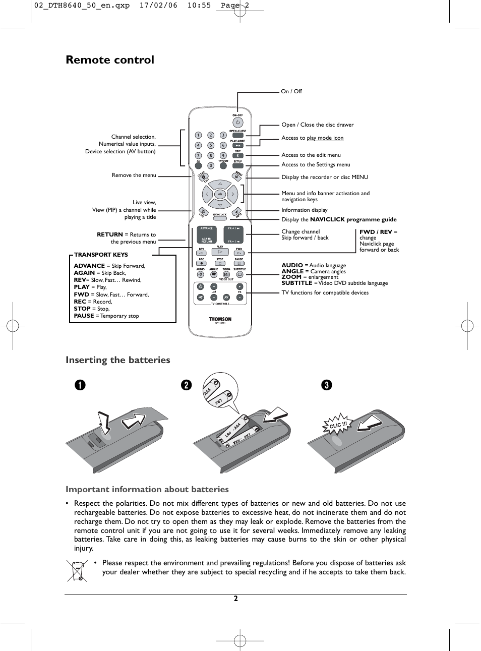 Remote control, Inserting the batteries, Important information about batteries | Technicolor - Thomson DTH8640 User Manual | Page 2 / 40