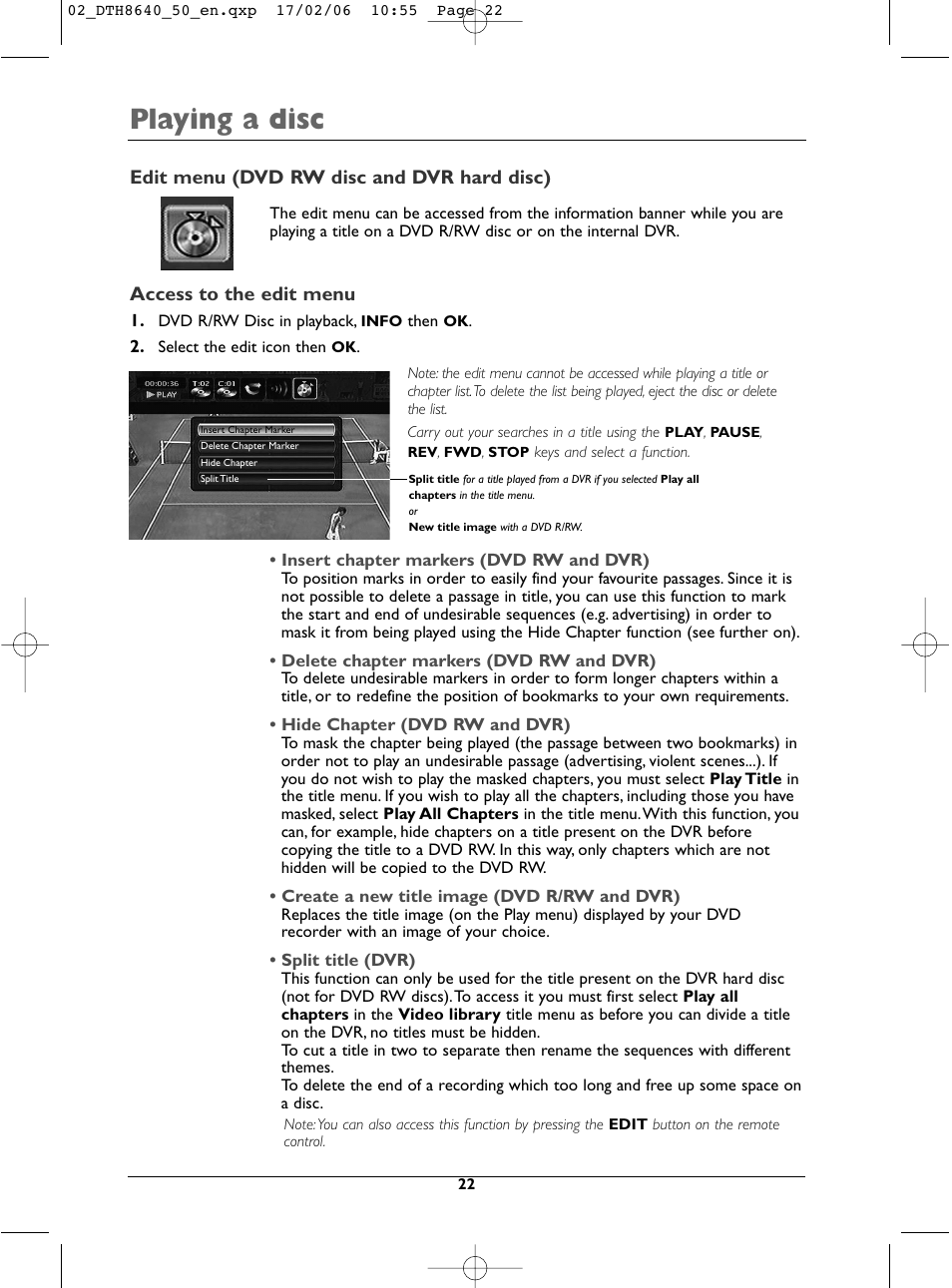 Playing a disc, Edit menu (dvd rw disc and dvr hard disc), Access to the edit menu | Technicolor - Thomson DTH8640 User Manual | Page 22 / 40