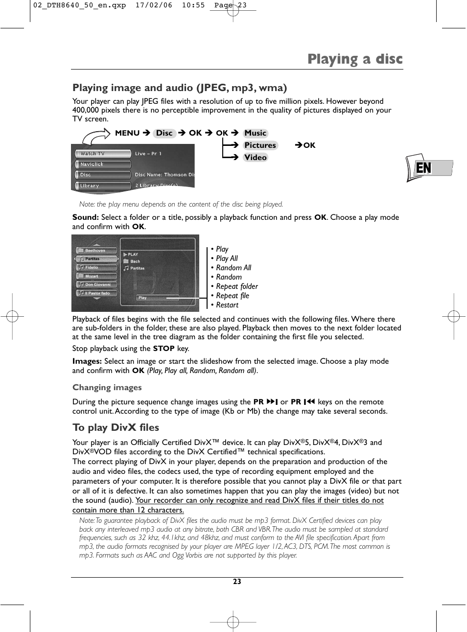 En playing a disc, Playing image and audio (jpeg, mp3, wma) | Technicolor - Thomson DTH8640 User Manual | Page 23 / 40