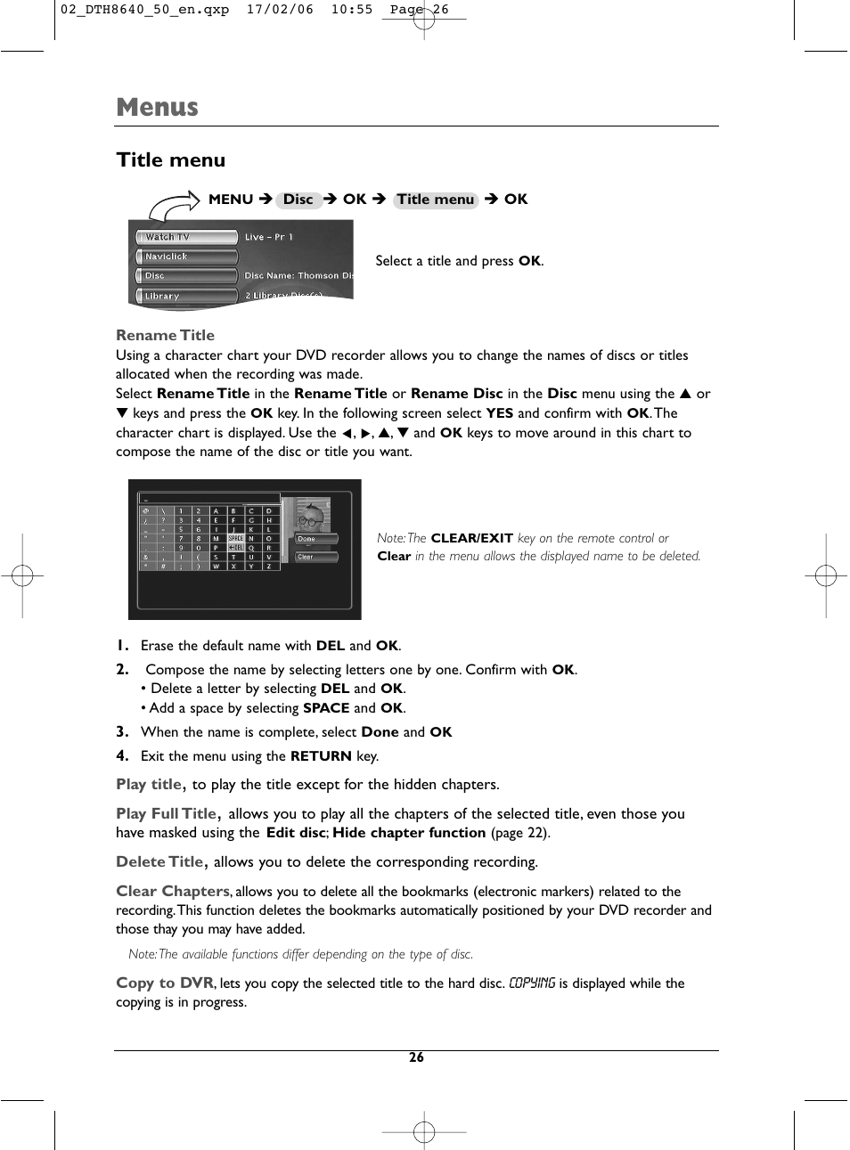 Menus, Title menu | Technicolor - Thomson DTH8640 User Manual | Page 26 / 40