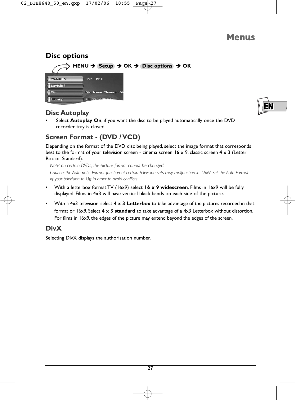 En menus, Disc options | Technicolor - Thomson DTH8640 User Manual | Page 27 / 40